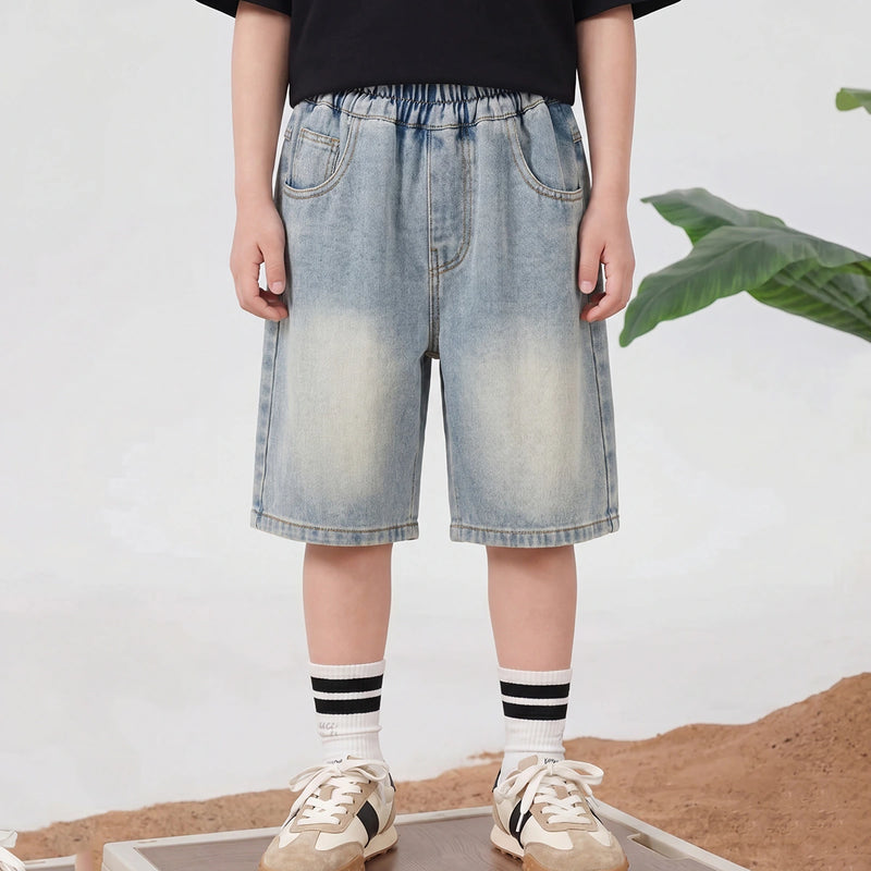 Boys Light Blue Embroidered Relaxed Fit Denim Shorts Shorts