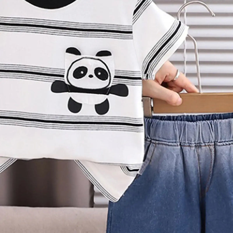 Boys White Panda Striped Short Sleeve T-Shirt With Denim Shorts Sets 2 pc. Sets