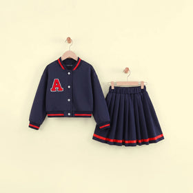 Girls Navy Blue Typography Long Sleeve Jacket With Skirt Sets 2 pc. Sets Navy Blue 3-4 Y