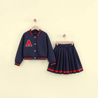 Girls Navy Blue Typography Long Sleeve Jacket With Skirt Sets 2 pc. Sets Navy Blue 3-4 Y
