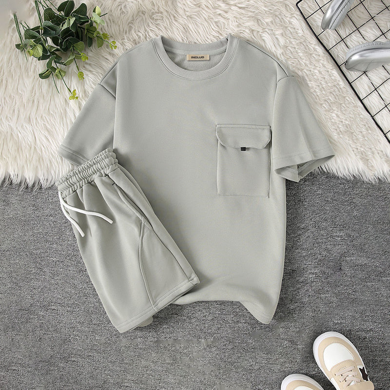 Boys Grey Short Sleeves Front Pocketed T-Shirt With Shorts Set 2 pc. Sets Grey 7-8 Y