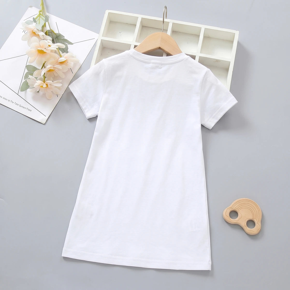 Girls White Cat Print Short Sleeve T-shirt Dress Casual Dresses