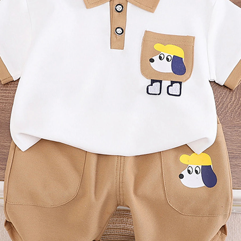 Boys Beige Puppy Printed Short Sleeve Polo T-Shirt With Shorts Sets 2 pc. Sets