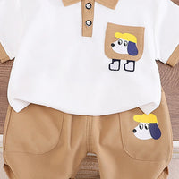 Boys Beige Puppy Printed Short Sleeve Polo T-Shirt With Shorts Sets 2 pc. Sets