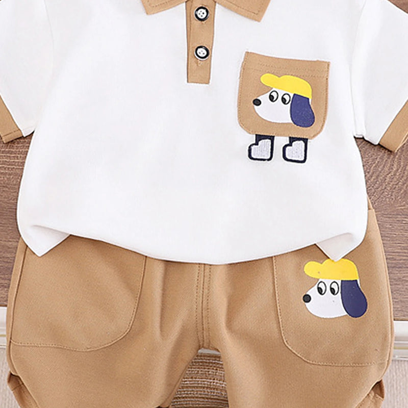 Boys Beige Puppy Printed Short Sleeve Polo T-Shirt With Shorts Sets 2 pc. Sets