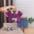 Boys Purple Smiley Graphic Short Sleve Polo With Denim Shorts Sets 2 pc. Sets Purple 1-2 Y