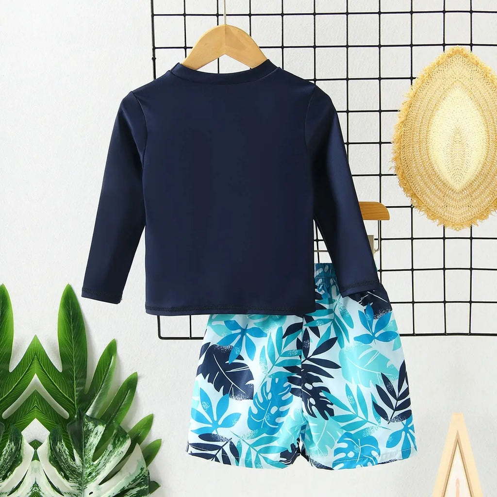 Boys Navy Blue Typographic Printed Long Sleeves T-Shirt & Shorts Swimsuit Sets Sets