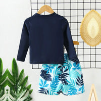 Boys Navy Blue Typographic Printed Long Sleeves T-Shirt & Shorts Swimsuit Sets Sets