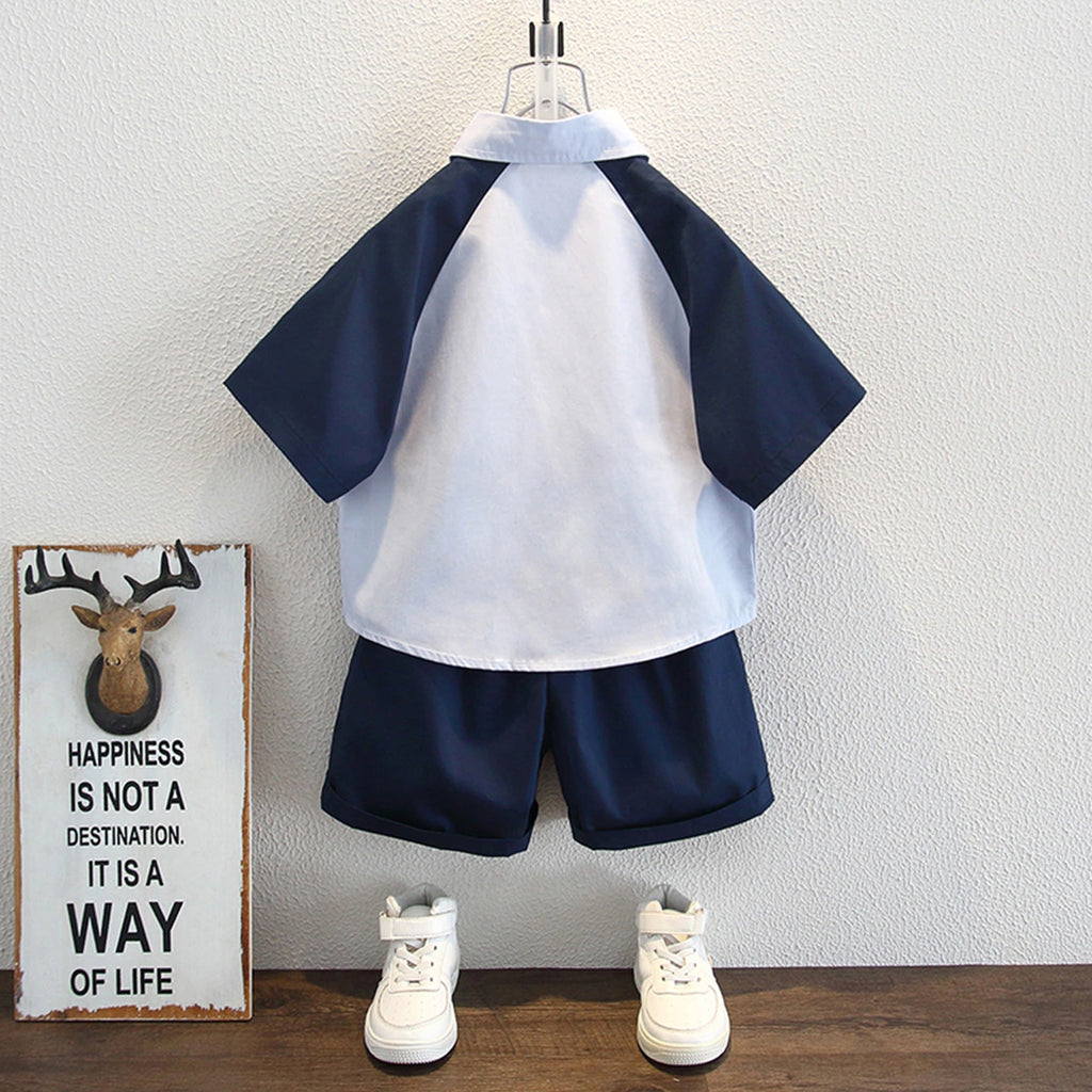 Boys Blue Colorblocked Short Sleeves Shit With Shorts Set Sets