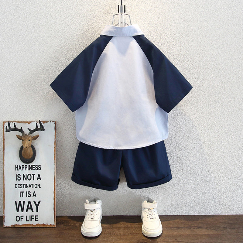 Boys Blue Colorblocked Short Sleeves Shit With Shorts Set Sets
