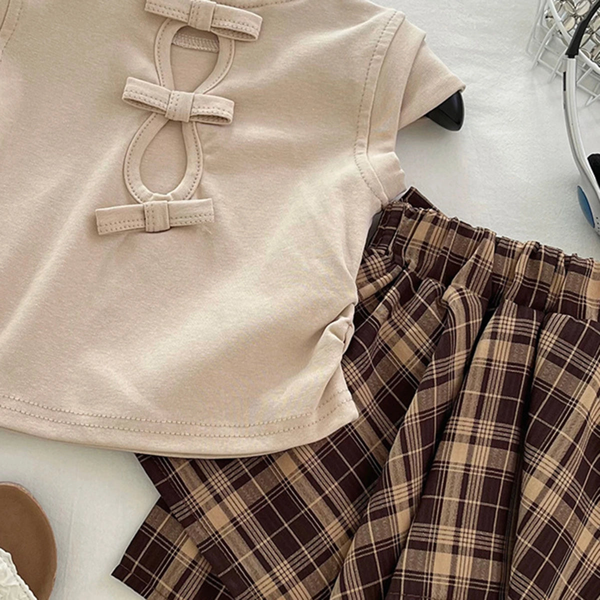 Girls Beige Bow Embroidered Cap Sleeve Top With Checked Skirt Sets 2 pc. Sets