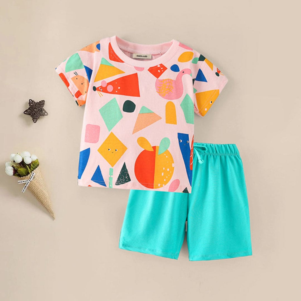 Girls Short Sleeve Printed Top With Elasticated Shorts