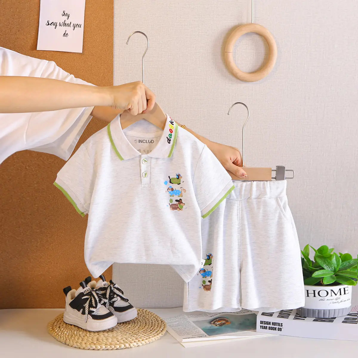 Boys Light Grey Animal Graphic Short Sleeve Polo T-Shirt With Elasticated Shorts Sets 2 pc. Sets Light Grey 1-2 Y