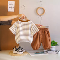 Boys White Dog Print Striped T-Shirt with Elasticated Shorts Sets 2 pc. Sets