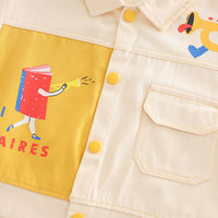 Boys Off White Book Cartoon Printed Shacket With T-Shirt & Pants Set Sets