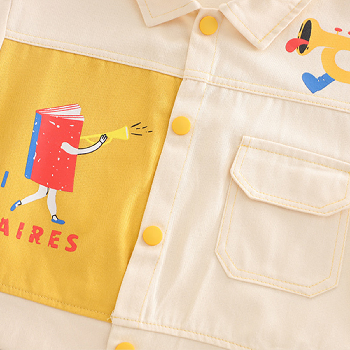 Boys Off White Book Cartoon Printed Shacket With T-Shirt & Pants Set Sets