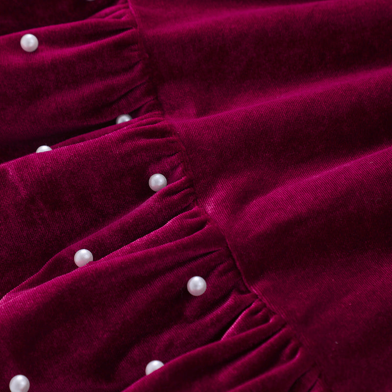 Girls Maroon Solid Velvet Beaded Fit & Flare Dress Casual Dresses