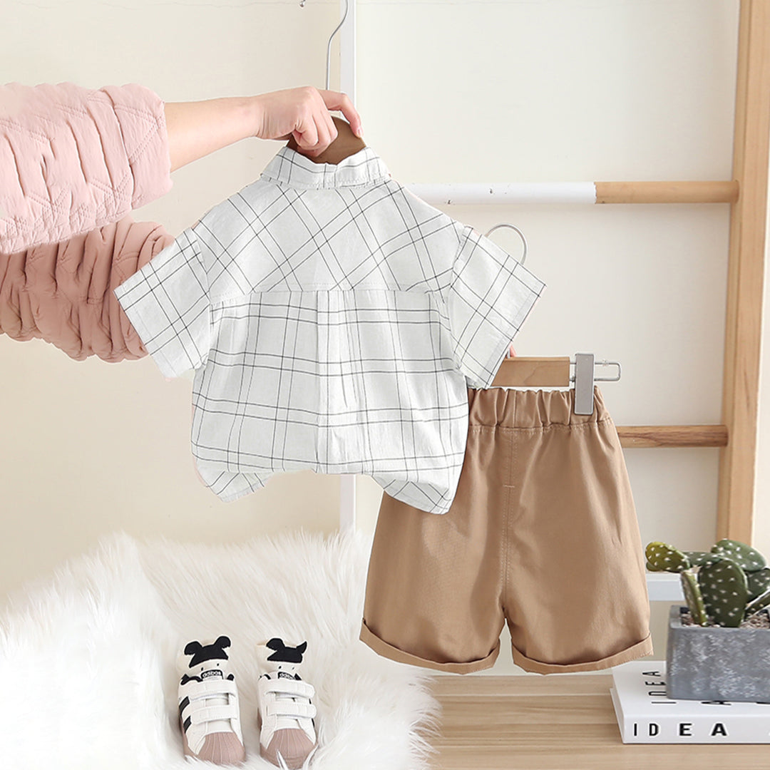 Boys White Checkered Short Sleeves Shirt With Shorts Set 2 pc. Sets