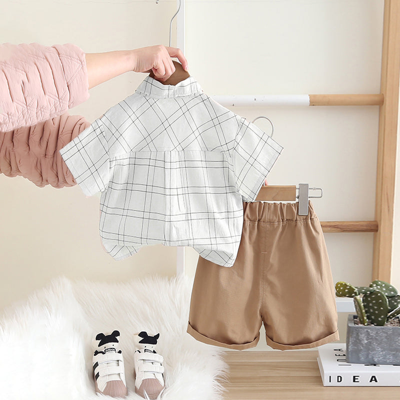 Boys White Checkered Short Sleeves Shirt With Shorts Set 2 pc. Sets