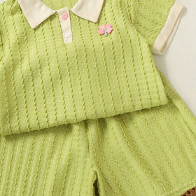 Girls Green Short Sleeve Textured Polo T-Shirt With Shorts Sets 2 pc. Sets