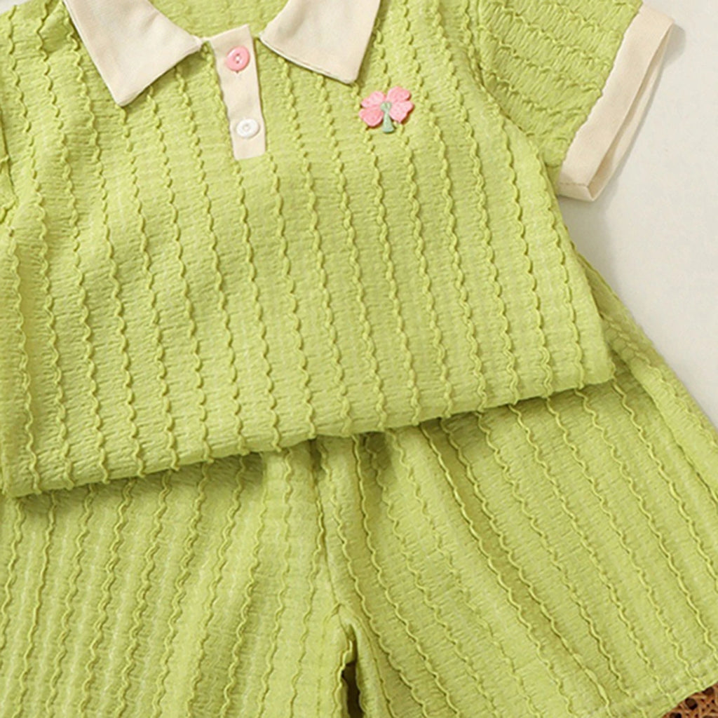 Girls Green Short Sleeve Textured Polo T-Shirt With Shorts Sets 2 pc. Sets