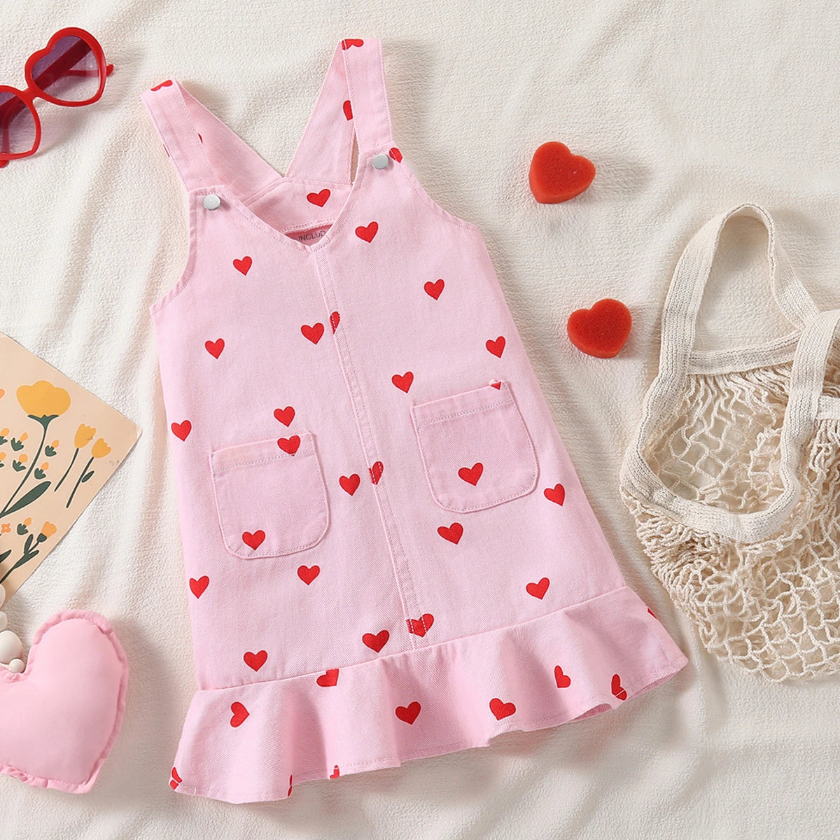 Girls Light Pink Heart Print sleeveless Pinafore Dress Casual Dresses Light Pink 3-4 Y