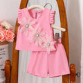 Girls Pink Flower Applique Flutter Sleeve Top With Shorts Sets 2 pc. Sets Pink 3-4 Y
