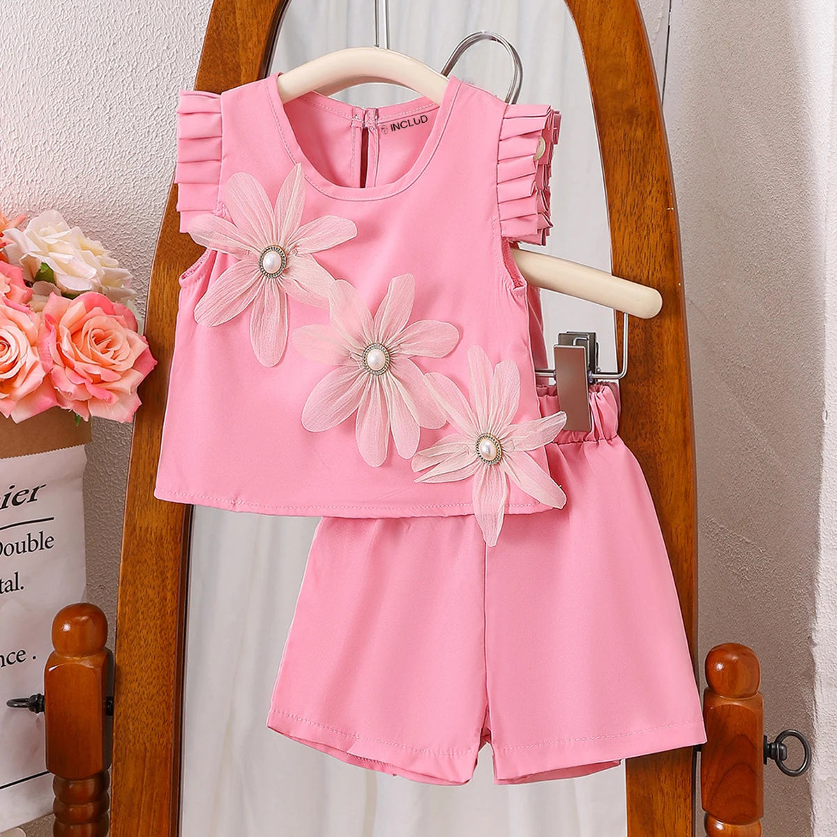 Girls Pink Flower Applique Flutter Sleeve Top With Shorts Sets 2 pc. Sets Pink 3-4 Y