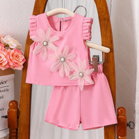 Girls Pink Flower Applique Flutter Sleeve Top With Shorts Sets 2 pc. Sets Pink 3-4 Y