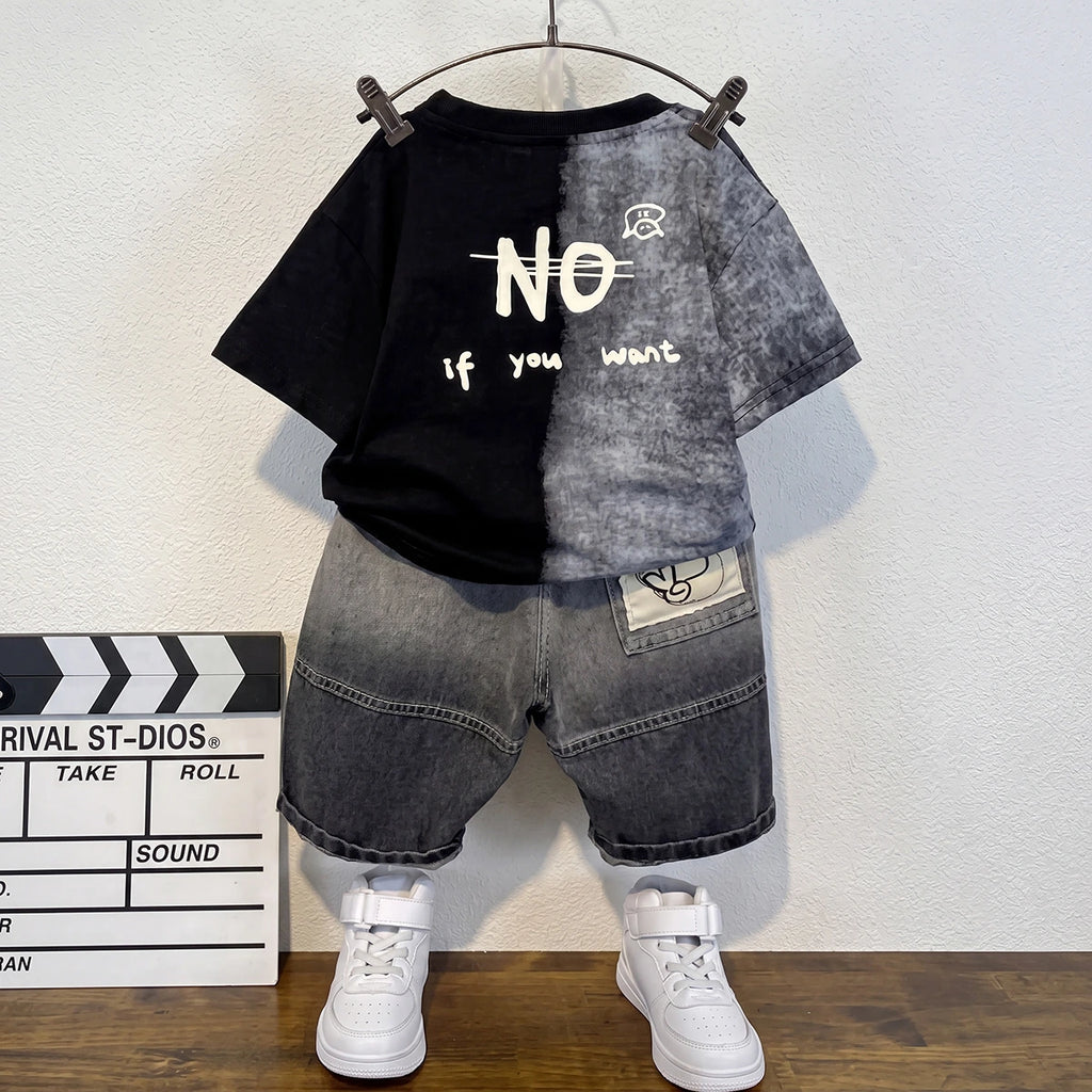 Boys Black Short Sleeve Typography Print T-Shirt With Denim Shorts Sets 2 pc. Sets