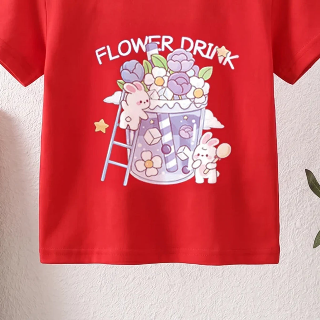 Girls Red Short Sleeve Floral Print T-Shirt Tshirts