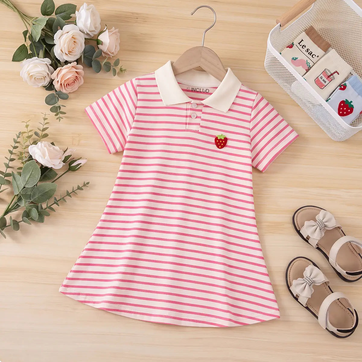 Girls Pink Striped Strawberry Applique Puff Sleeve Polo Dress Casual Dresses Pink 2-3 Y