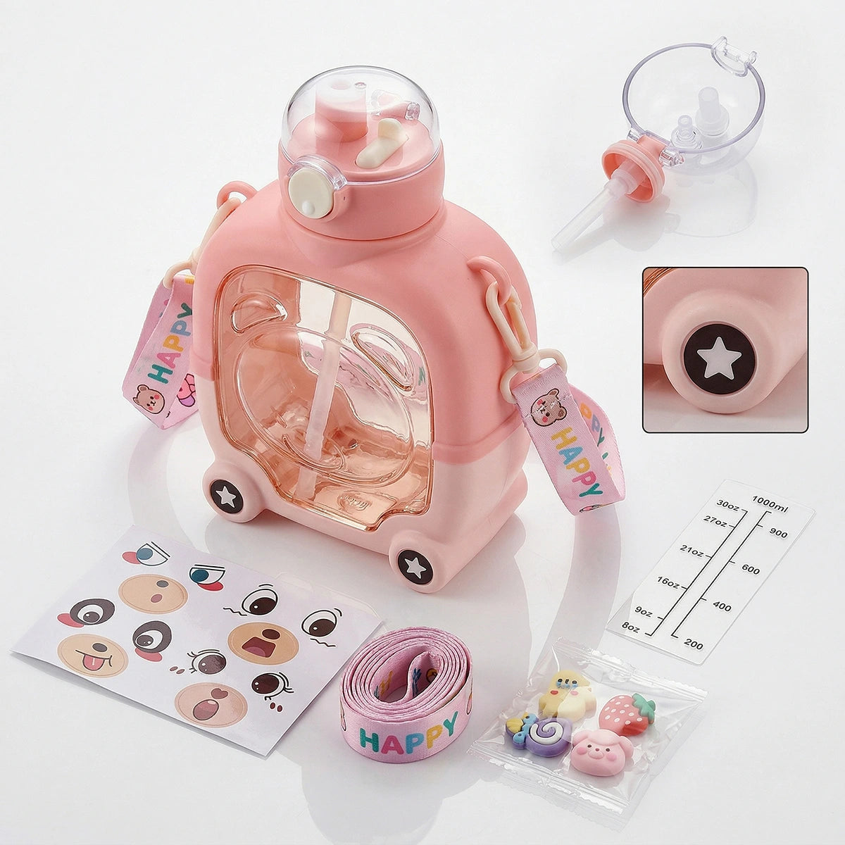 Kids Blush Pink Bear Cartoon Straw Water Bottle Trending Accessories