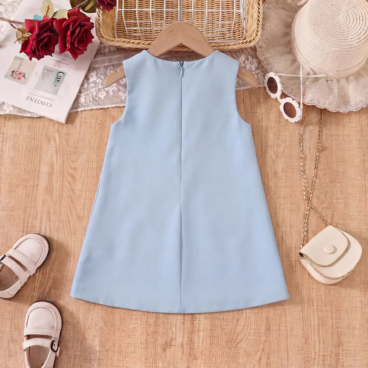 Girls Light Blue Rose Applique A-line Party Dress Party Dresses