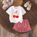 Girls White Cherry Print Short Sleeves T-Shirt With Gingham Shorts Set Sets White 3-4 Y