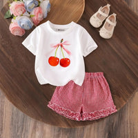 Girls White Cherry Print Short Sleeves T-Shirt With Gingham Shorts Set Sets White 3-4 Y