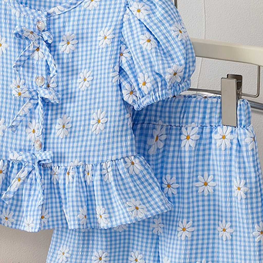 Girls Blue Floral Printed Peplum Top With Elasticated Shorts Sets 2 pc. Sets