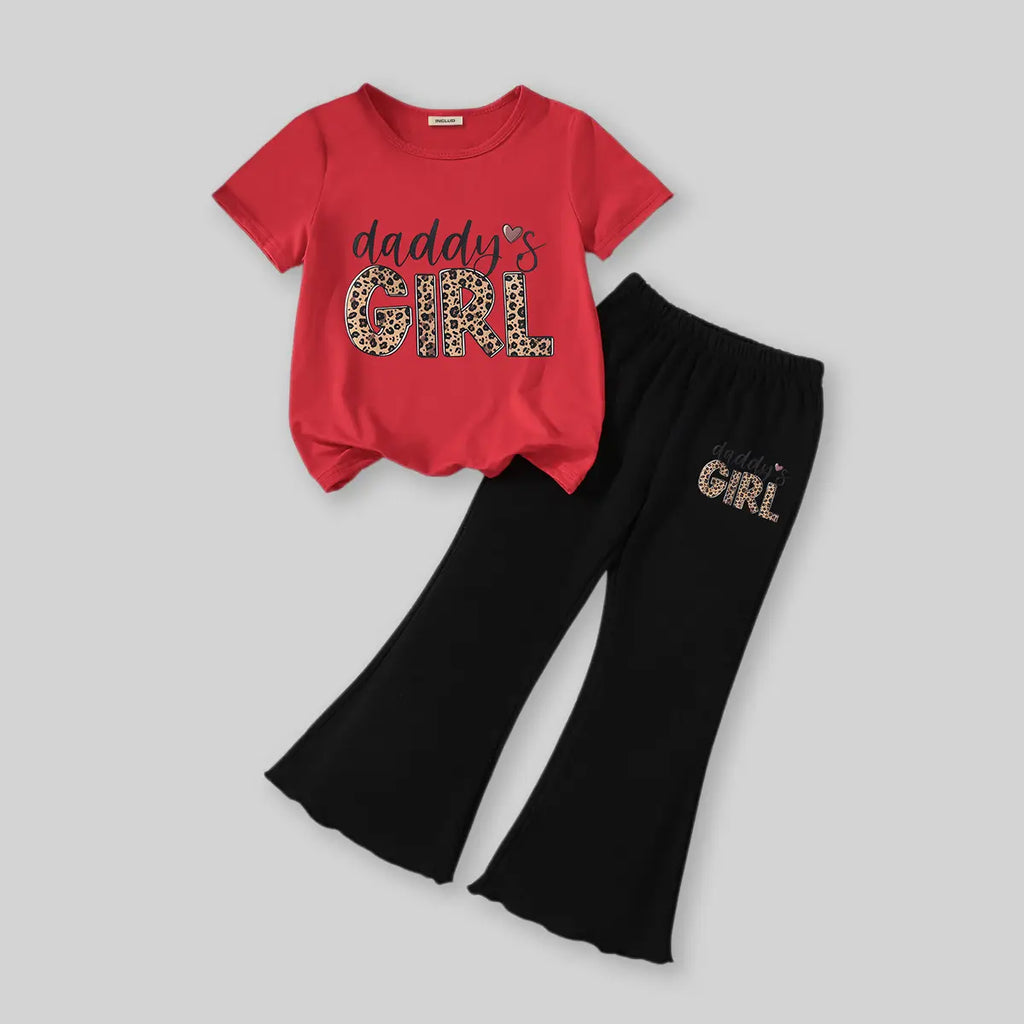 Girls Red Daddys Girls Leopard Print T-Shirt With Flared Pants Sets Sets