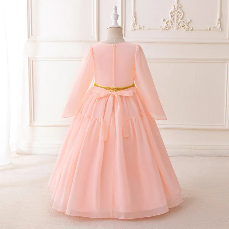 Girls Pink Embroidered Fit & Flare Dress Long Sleeves Casual Dresses