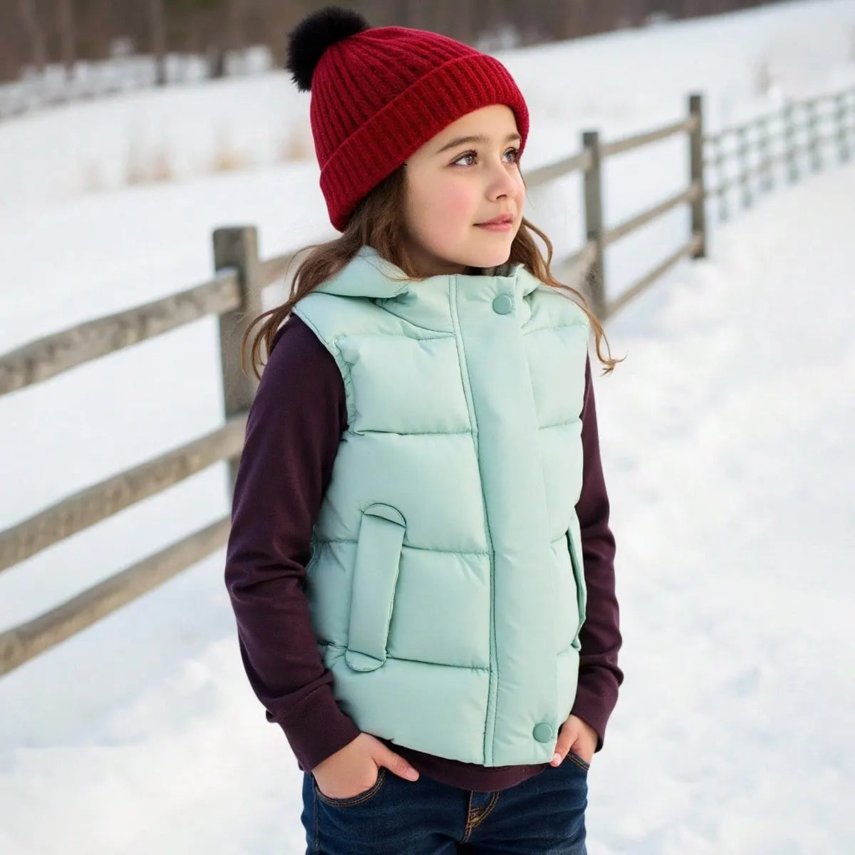 Girls Light Green Sleeveless Bear Ear On Hood Quilted Zip-up Jacket Coats & Jackets