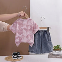 Boys Pink Camouflage Printed Round Neck T-Shirt With Denim Shorts Sets 2 pc. Sets
