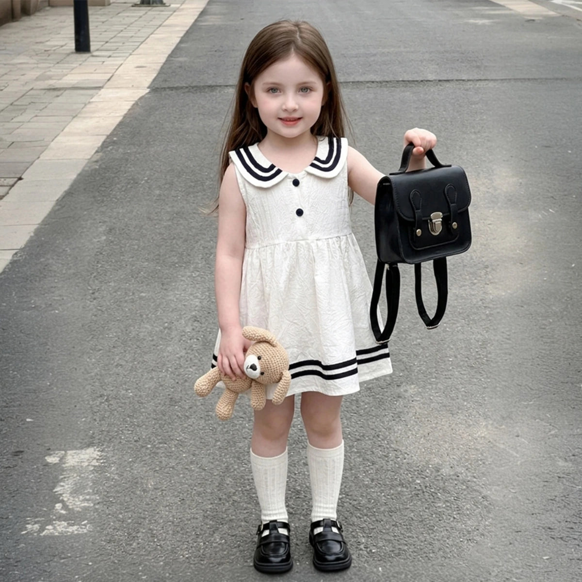 Girls White Sailor Collar Sleeveless Fit & Flare Dress with Contrast Striped Casual Dresses White 1-2 Y