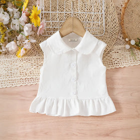 Girls White Sleeveless Ruffled Top With Embroidered Denim Pants Set Sets