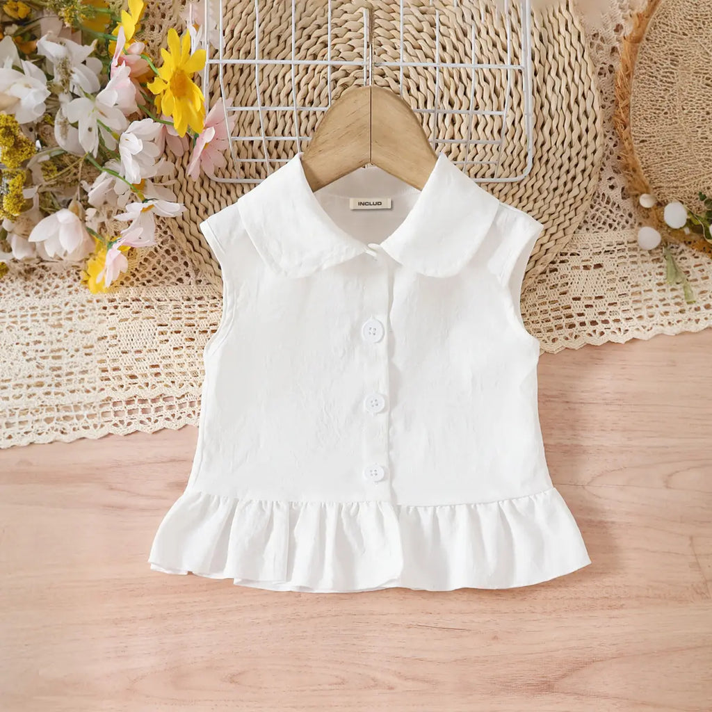 Girls White Sleeveless Ruffled Top With Embroidered Denim Pants Set Sets