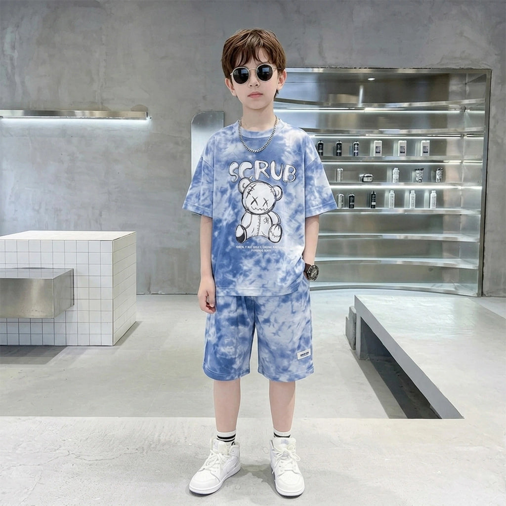 Boys Blue Tie-Dye Bear Graphic Short Sleeve T-Shirt With Elasticated Shorts Sets Sets Blue 5-6 Y