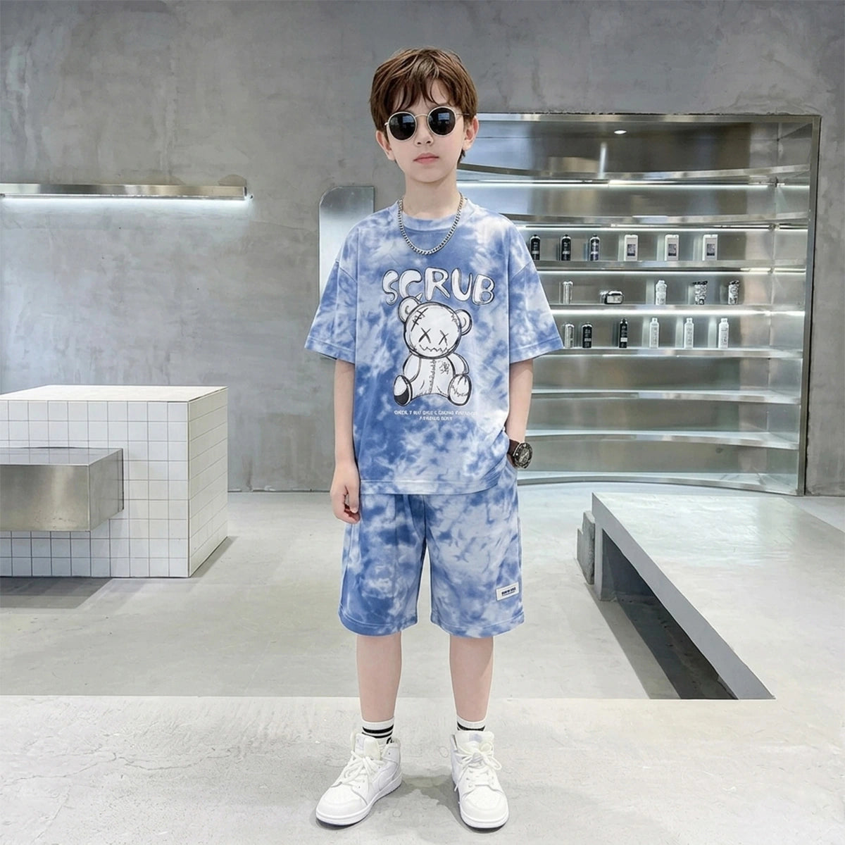 Boys Blue Tie-Dye Bear Graphic Short Sleeve T-Shirt With Elasticated Shorts Sets Sets Blue 5-6 Y