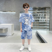 Boys Blue Tie-Dye Bear Graphic Short Sleeve T-Shirt With Elasticated Shorts Sets Sets Blue 5-6 Y