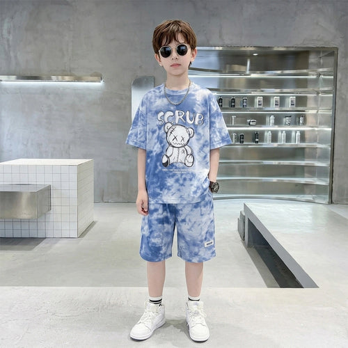 Boys Blue Tie-Dye Bear Graphic Short Sleeve T-Shirt With Elasticated Shorts Sets Sets Blue 5-6 Y