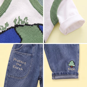 Boys Green Jacquard Sweater vest With Shirt And Denim Pants Sets 3 pc. Sets