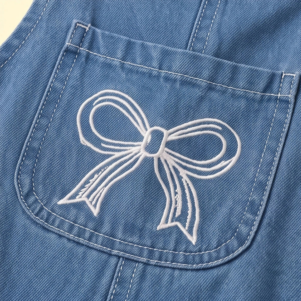 Girls Blue Denim Bow Embroidered Dungaree Jumpsuits